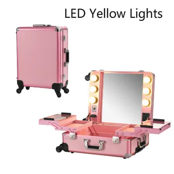 

Pink LED Yellow Lighted Makeup Case Professional Rolling Cosmetic Box Station Large Portable Bag for Cosmetics with bulbs