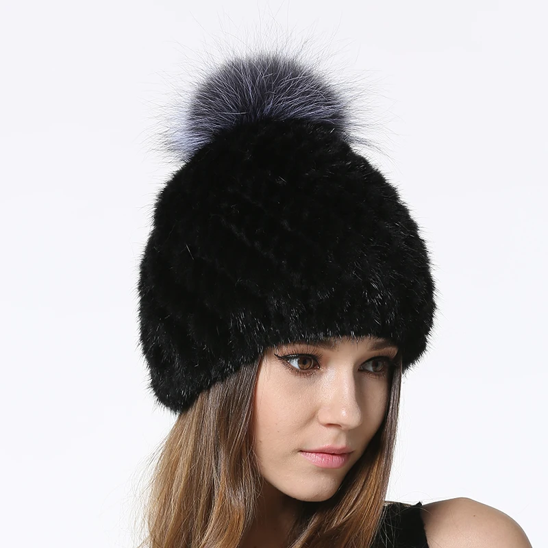 IANLAN зимние полосатые норковые меховые шапки для женщин натуральная черно-бурая лиса меховые шапки женские шапки с меховым помпоном IL00046
