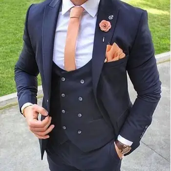 

2018 Navy Blue Wedding Groom Tuxedos for Mens Suits Peaked Lapel Slim Fit Three Piece Jacket Pants Vest Custom Male Blazer