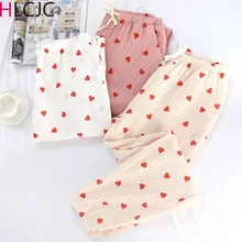 Весенне-летние новые женские хлопковые штаны для сна с принтом сердца свободные брюки со свободной посадкой мягкие домашние штаны для сна
