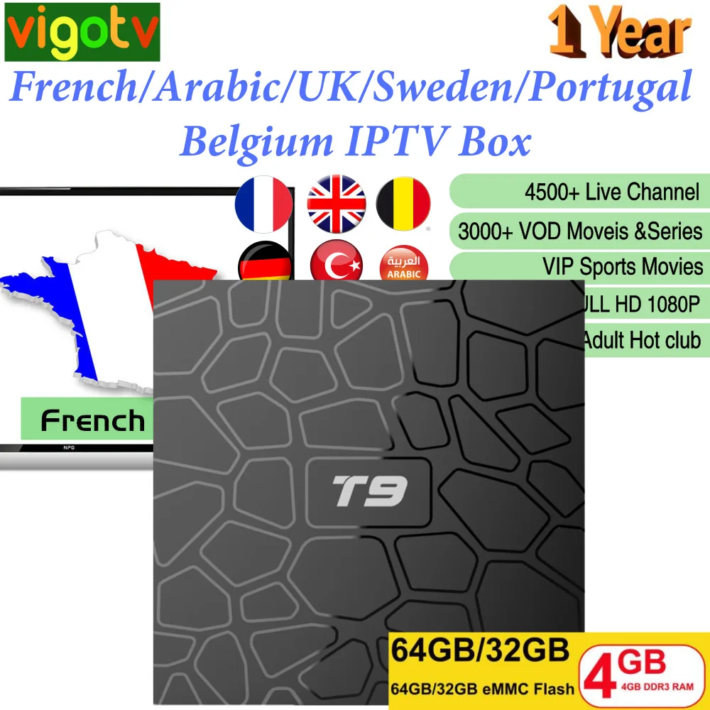 

T9 Android 8.1 TV BOX with 1 Year Vigotv 4GB 64GB RK3328 Quad Core Smart Bluetooth4.0 4500 Live Europe French UK German IPTV