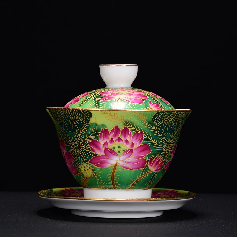 Ceramic teacup peony flower cover bowl Kungfu tea set tea bowl Travel portable tea set Household drinking utensils WSHYUFEI