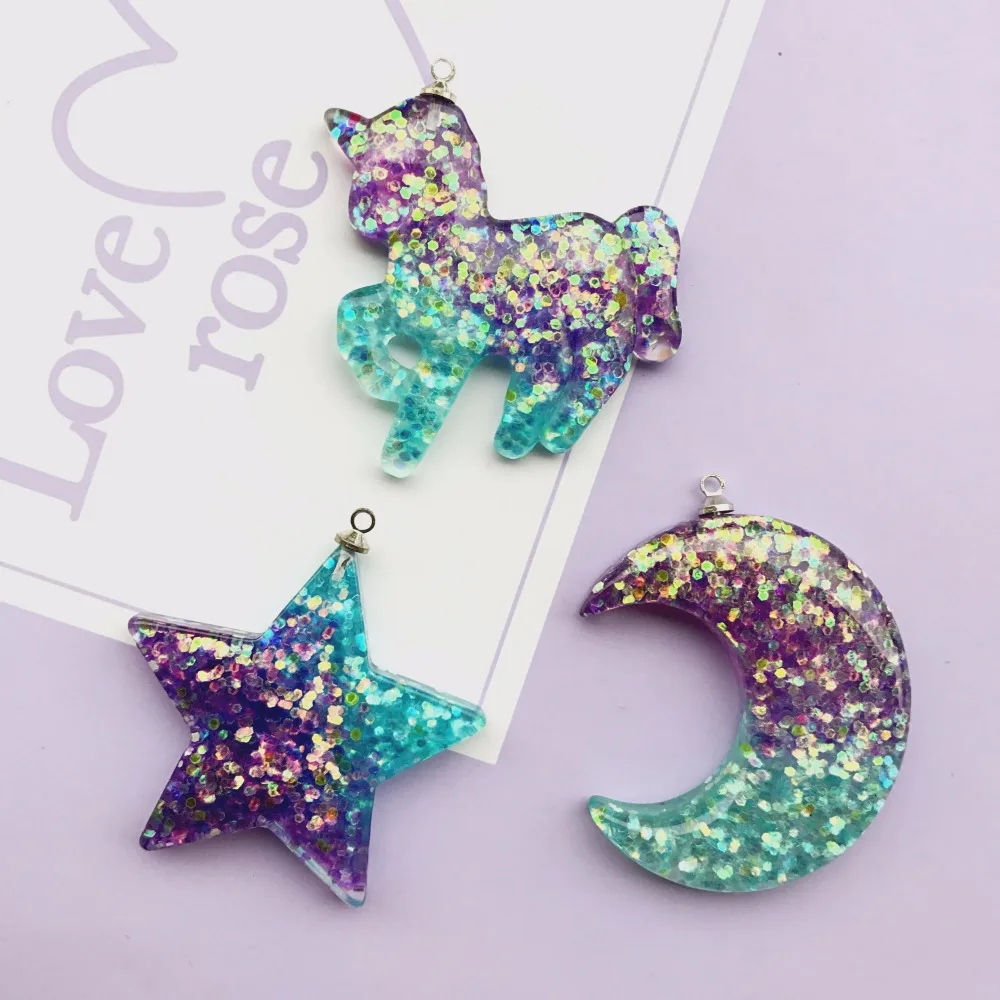 

ZALEBABA 2017 New Trendy Glitter Multicolor Pink Resin Pendants Half Moon Unicorn star 5 PCs