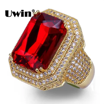 

Uwin Full Micro Pave Iced Out CZ Red Rhinestones Ring Men Gold Color Fashion Hiphop Luxury Ring Jewelry Drop Shipping