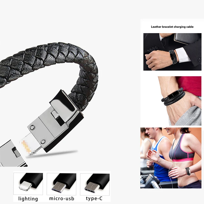 

Portable Outdoor Leather Mini Micro USB Bracelet Charger Data Charging Cable Sync Cord for IPhone XR Android Type-C 60CM Cable