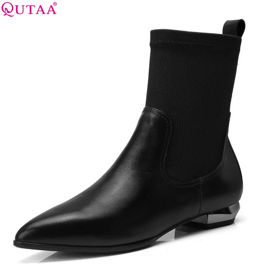 

QUTAA 2019 Pointed Toe Genuine Leather+pu Fashion Women Mid Calf Boots All Match Platform Winter Shoes Women Boots Size 34-42