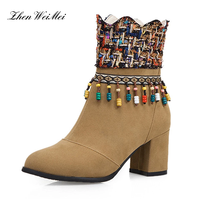 

Large Size High Heels Ankle Boots Woman Flock Short Plush Zipper String Bead Fringe Embroider Nomadic Shoes Female Women Boots