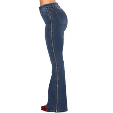 Винтажные с высокой талией расклешенные книзу джинсы с широкими штанинами для женщин элегантные дамские с боковой молнией ковбойские расклешенные джинсы джинсовые штаны размера плюс