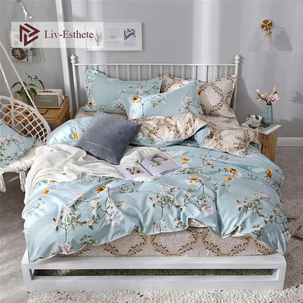 

Liv-Esthete Mordern Flower Blue Bedding Set Blue Soft Duvet Cover Pillowcase Fitted Sheet Decor Bed Linen Adult Kids Bedspread