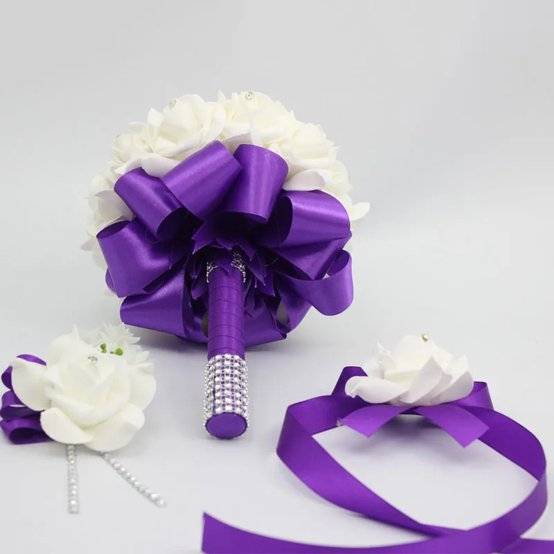 Online Whole Purple Wedding Bouquet Sets From China 3 Pcs Purple Bride Bridesmais Diy Rose Flower Wedding Bouquet Man Boutonniere Wrist Corsage Set