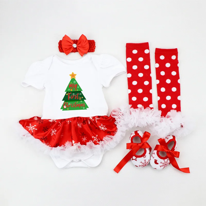 

My Frist Christmas Set Newborn Baby Girls Lace Princess Dress 4PCS Jumpsuit Rompers Headbands Christmas Outfits Set Tutu Clothes