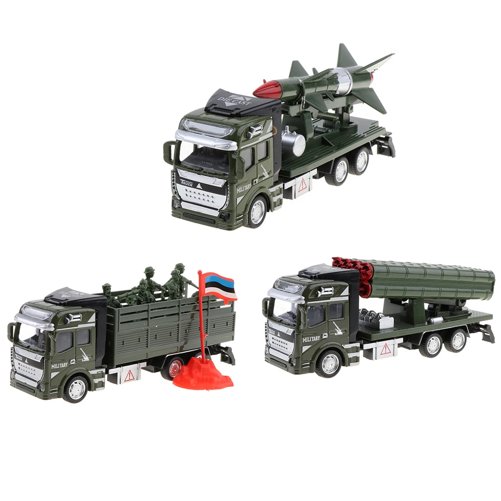 MagiDeal 1/48 Die-cast Alloy Pull Back Military Truck Vehicle Model Kids Toys Army Car Rocket Model Collection 