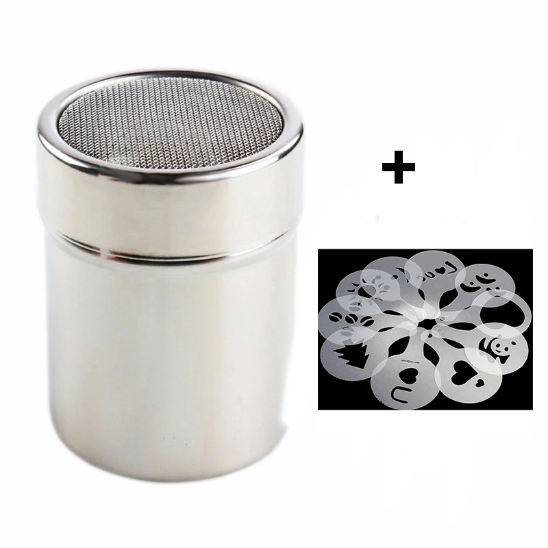 1Pc Stainless Steel Chocolate Shaker Cocoa Flour Coffee Icing Sugar Powder Sifter 16Pcs Stencils Template Strew Pad huismerk kopen in de aanbieding 1Pc Stainless Steel Chocolate Shaker Cocoa Flour Coffee Icing Sugar Powder Sifter 16Pcs Stencils Template Strew Pad huismerk kopen in de aanbieding