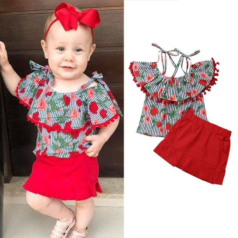 

2Pcs Kid Baby Girls Summer Clothes Flower Print Ruffles Off-shoulder T-shirt Tops + Red Hip skirt Stylish Outfit Set Newest