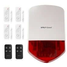 Wolf-Guard Wireless Outdoor Alarm Siren as Home Security Burglar System 4 Door Window Detection Sensor 2 Remote Control 110dB