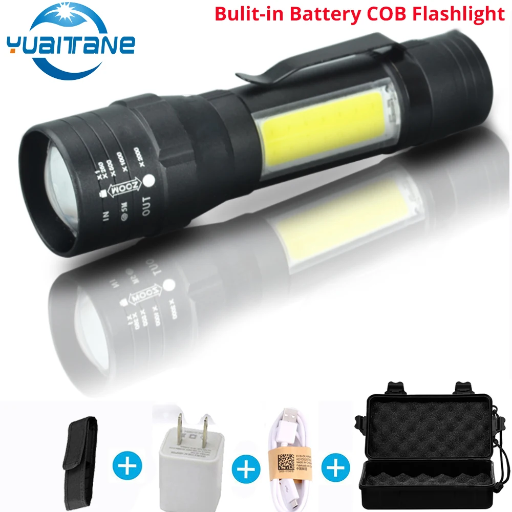 

USB Rechargeable Built-in 18650 LED Flashlight 8000 Lumens 4 Modes LED COB+T6 Tactical LED Torch Zoomable Led Flashlights Lamp