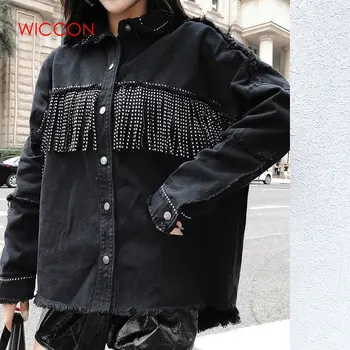 

New Arrival Autumn Tassels Jeans Overcoats Women Turn-Down Collar Loose Casual Jackets Button Black Sequined Denim Outerwear