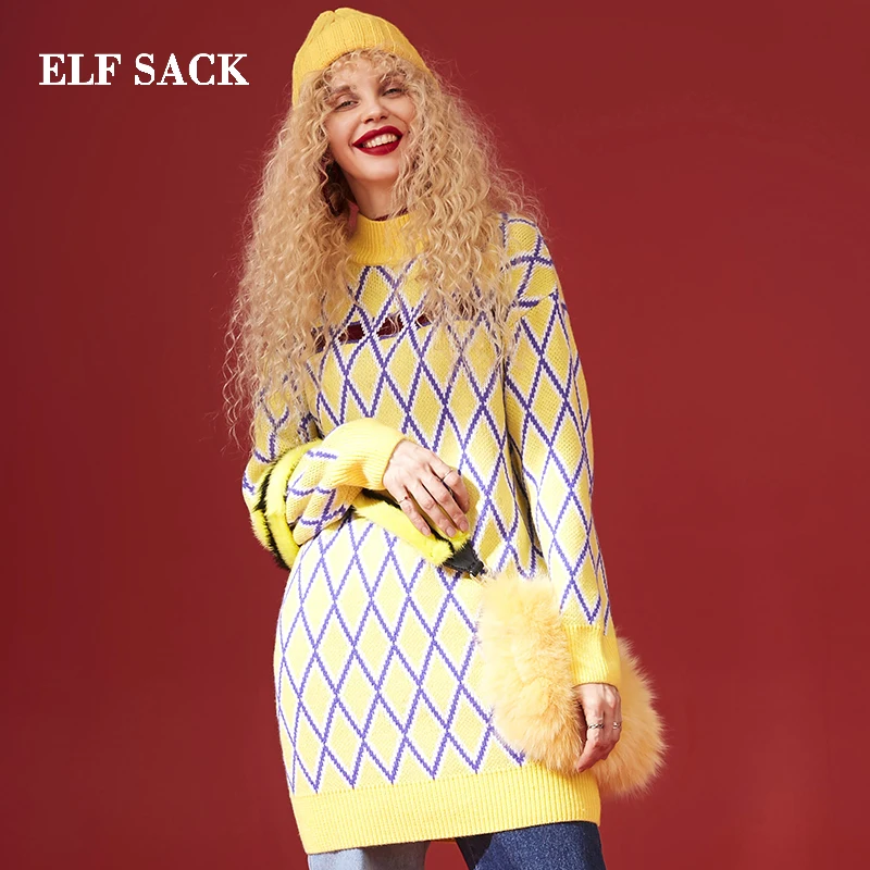 

ELF SACK Winter New Warm Sweater Woman Casual Plaid Long Ins Fashion Women Loose Sweater Turtleneck Femme Oversized Sweaters