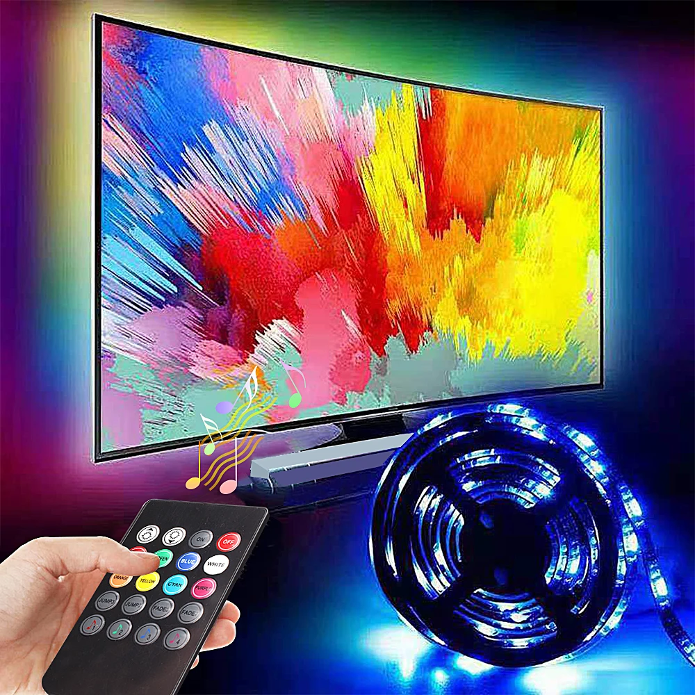 

USB LED Strip 5050 RGB Flexible LED Light DC5V RGB Color Changeable TV Background Lighting With IR 20Key Remote Music Controll