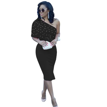 

Women Summer Off Shoulder Sexy Beading Package Hips Dresses Lady Night Club Dress Pack Hip Dress Sleeveless Pencil Sheath Dress