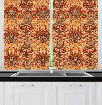 

African Curtains Tribal Mask Motif Ethnic Figures Spiritual Pattern Ritual Design Window Decor Panel Set Cafe S Red