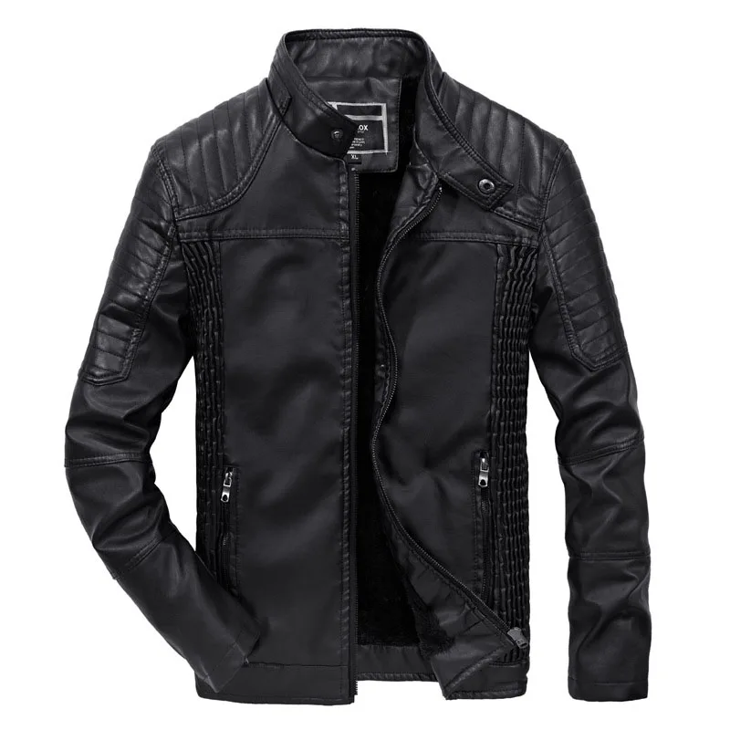 Новая мужская меховая кожаная куртка, брендовая зимняя модная флисовая велосипедная куртка со стоячим воротником, мужская повседневная утолщенная куртка 3XL BF1809 - Цвет: Черный