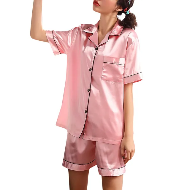Pink Hot Silk Satin Pajamas Pyjamas Set short Sleeve Sleepwear Pajamas