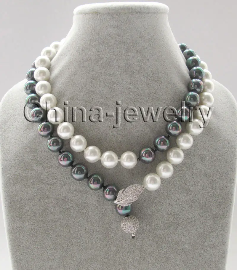 

Wholesale FREE SHIPPING > 32" 12mm bright black + white perfect round south sea shell pearl necklace - GP