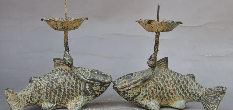 

7" old chinese palace bronze lotus fish statue Candlesticks Candle Holder pair