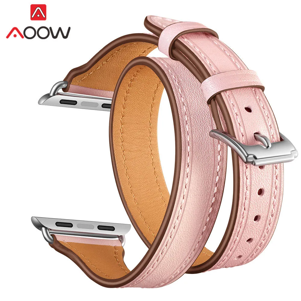 Ремешок для часов из натуральной кожи для Apple Watch 38 мм 42 мм 40 44 женский двойной круг розовый черный браслет ремешок для iwatch 1 2 3 4 - Цвет ремешка: Розовый