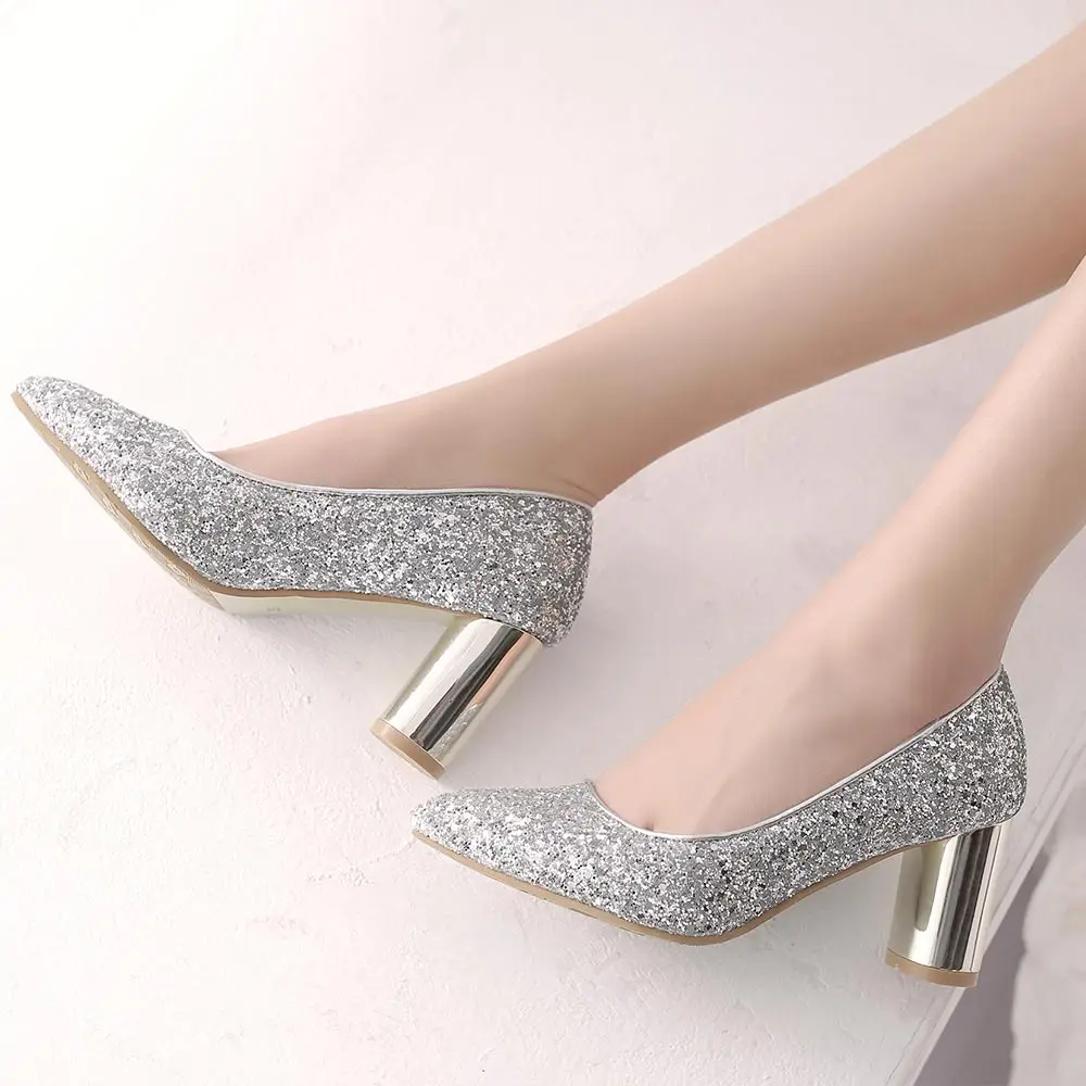 SGESVIER/женские блестящие свадебные туфли серебристого цвета; туфли-лодочки с блестками на высоком каблуке; красивые женские туфли-лодочки на толстом каблуке; Новинка года; OX252