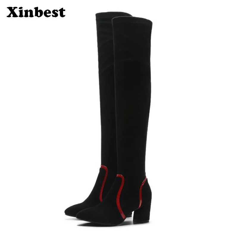 

Xinbest 2018 Women Brand Boots Casual Fashion Womens Winter Boots Pointed Toe Knee High Boots Square heel Women High Heel Shoes