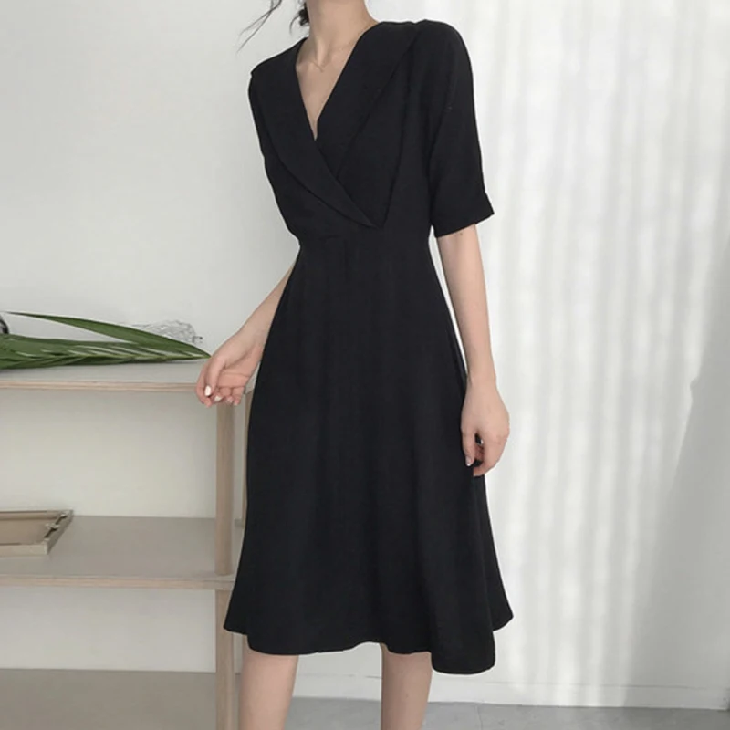 

[EWQ] 2019 Summer New Korea Fashion Clothes Women Solid Color Notched Neck High Waist Loose Long Casual Feminina Dresses QJ15702
