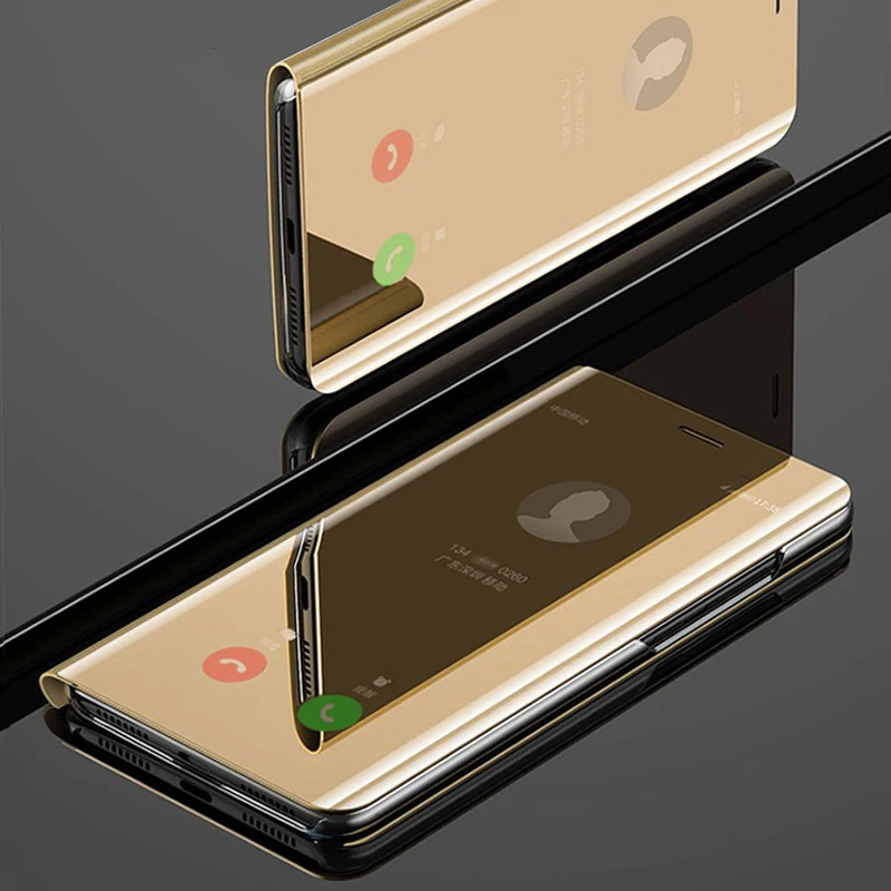 Откидной умный зеркальный чехол для телефона, чехол, для Xiaomi Redmi Note 7 Pro Note7 7Pro, жесткий кожаный Прозрачный чехол для задней панели с Откидывающейся Крышкой цвета розового золота - Цвет: Gold