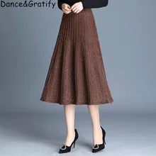 Осенне-зимняя длинная трикотажная юбка Женская корейская мода серебряная люрекс блестящая Высокая талия плиссированные юбки миди длина