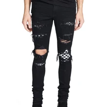 Высокая уличная мода мужские джинсы черный цвет рваные хип-хоп джинсы мужские сломанные панк патч для брюк обтягивающие рваные джинсы для мужчин