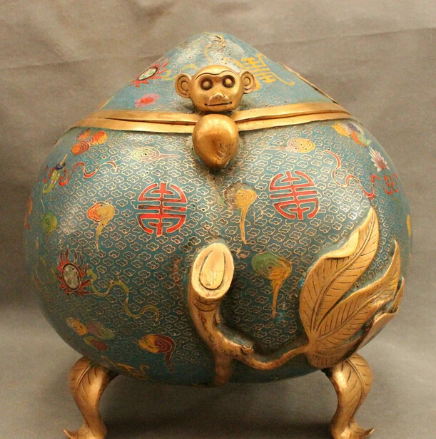 

wholesale factory 16" Tibet Cloisonne Bronze Gilt Monkey Head Statue Peach Incense Burner Censer