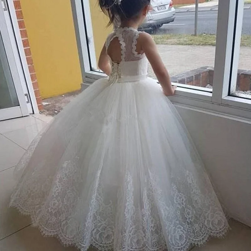 

white ivory Flower Girls Dress Lace Appliques Tulle Floor Length Backless First Communion fluffy party Dresses
