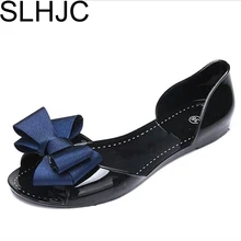 SLHJC 2017 Autumn Flats Crystal Jelly Summer Shoes Female Sweet Bow Open Toe Flat Heel Casual Beach Women Flat Sandals