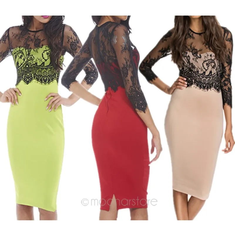 2015 NEW Women Sexy Round Neck See Through Lace Patchwork Dress Over-Hip Pencil J*60CE3286#C6 | Женская одежда