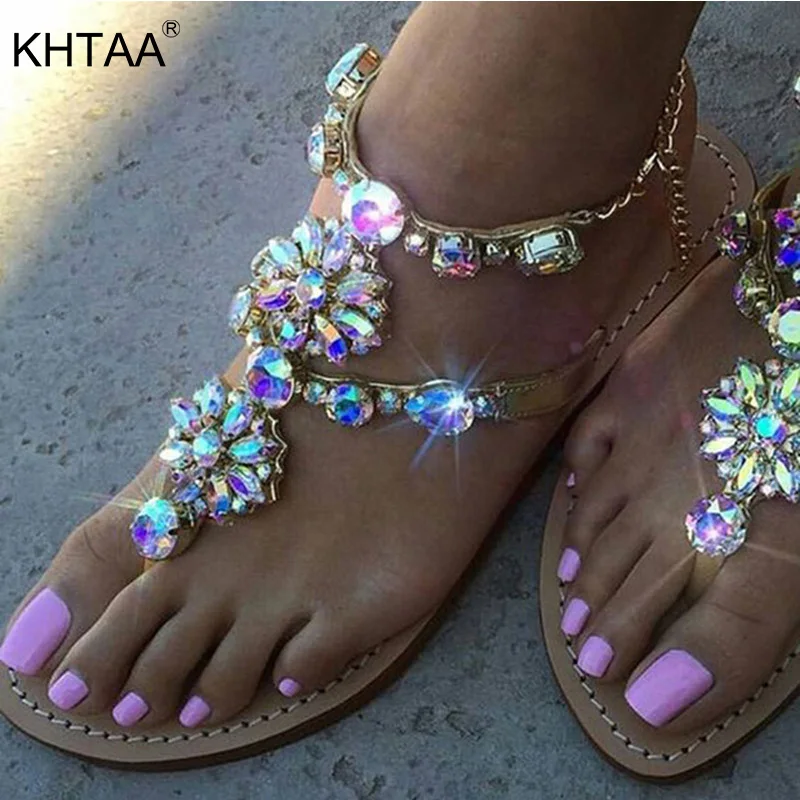 

KHTAA Summer Women Thong Sandals Rhinestones Chains Beach Shoes Gladiator Ankle Strap Flats Party Fashion Ladies Plus Size