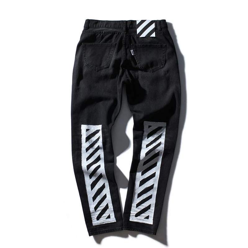 

OFF WHITE Print Men Blue Fashion Jeans 2017 Spring Newest Fray Slim Fit Washed Vintage Man Denim Pencil Pants Street Brand