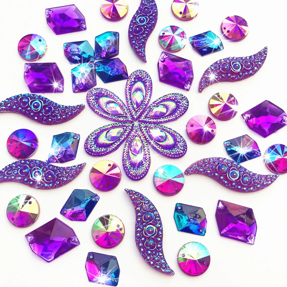 Смешанные формы зеркальные Фиолетовые AB драгоценные камни пришитые Стразы хрустальные Каменные Бусины для рукоделия одежды украшения для свадебного платья 90 шт - Цвет: purple