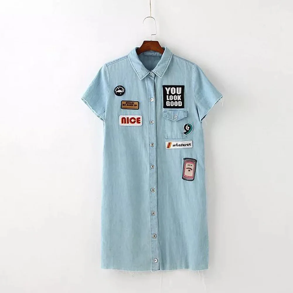 

Stylish Tear Side Patch Designs Letter Embroidery Slim Dress Single Breasted Turn-down Collar Short Sleeve New Casual Women Blue