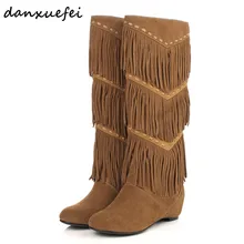 Женские зимние сапоги до колена из натуральной замши без шнуровки с бахромой; брендовые дизайнерские удобные высокие сапоги на плоской подошве для холодной погоды