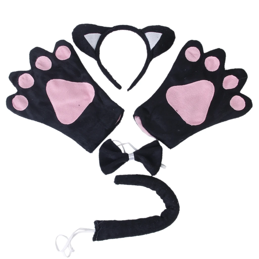 New Black Cat Cosplay Christmas Halloween Costume Outfit Headband Gloves Tie Tail 4pcs Set
