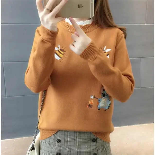 

XXXL Winter Sweater Women Bee Bear Embroidery Turtleneck Warm Autumn Knitted Femme Soft Female Pullovers Warm Casual Sweater