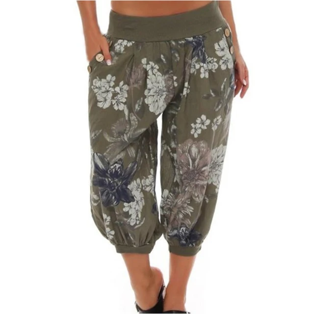 Plegie Floral Print Cropped Pants Women Summer Trousers Thread Waist ...