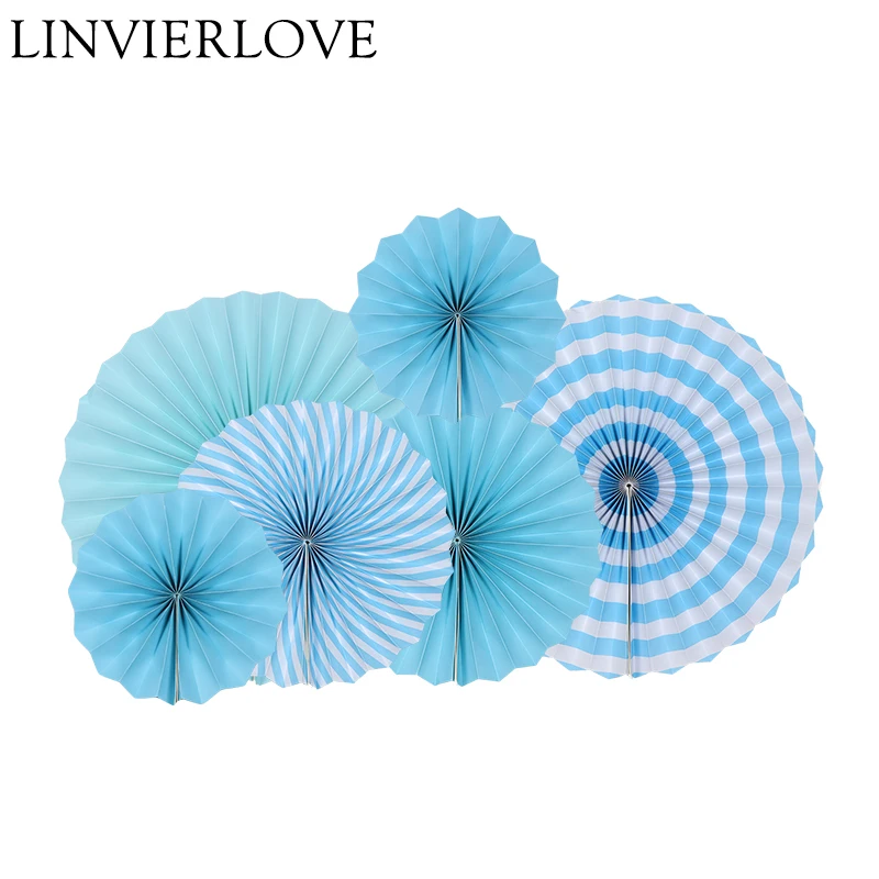 

6pcs Mixed Size Blue Paper Fan For Kids Boys Girls Birthday Decoration Baby Shower Hanging Paper Crafts Party Backdrops Supplies