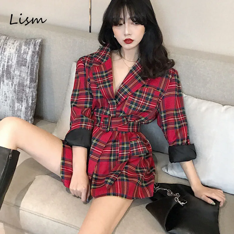 LISM Vintage Red Plaid V Neck Blazer Women With Belt Long